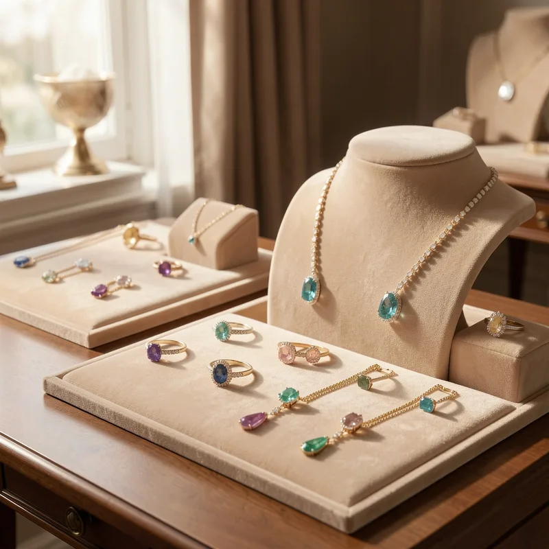 Composition de bijoux fins, bagues, colliers et boucles d'oreilles en or et argent posés sur un fond clair